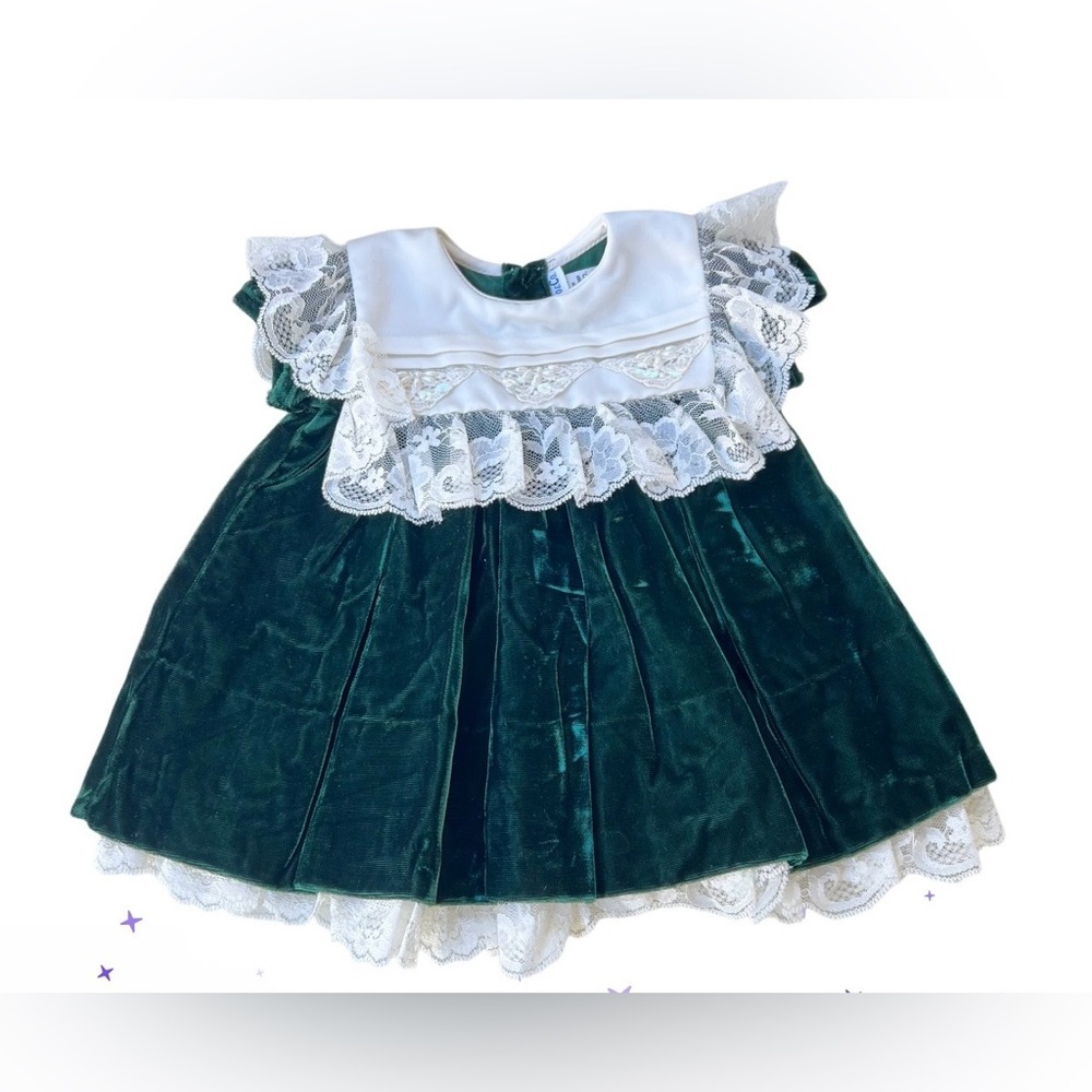 Vintage 80’s C.l.Castro & Co. Green Velvet Lace Baby Dress Size 3 Months